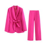 Damen Blazer- und Hosen-Set mit Bindegürtel – Hellrosa