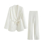Damen Blazer- und Hosen-Set mit Bindegürtel – Weiß