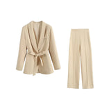 Damen Blazer- und Hosen-Set mit Bindegürtel – Beige
