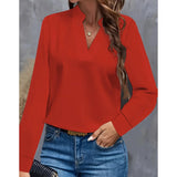 Damen Bluse mit V-Ausschnitt und langen Ärmeln – Rot