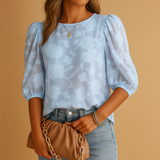 Damen-Bluse mit Blumenmuster, Puffärmeln und Rundhalsausschnitt – Blau
