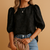 Damen-Bluse mit Blumenmuster, Puffärmeln und Rundhalsausschnitt – Schwarz
