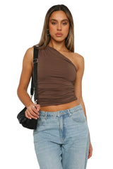 Damen-Bluse mit einseitiger Schulter und Raffungen – Braun