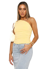 Damen-Bluse mit einseitiger Schulter und Raffungen – Gelb
