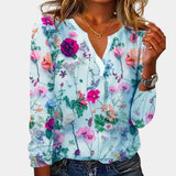 Damen Bluse mit floralem Muster und V-Ausschnitt – Blau