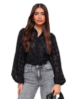 Damen-Bluse mit floraler Stickerei, transparentem Gewebe und Ballonärmeln – Schwarz