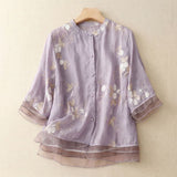 Damen Bluse mit Knopfleiste, Rundhalsausschnitt und floraler Struktur – Lila