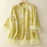 Damen Bluse mit Knopfleiste, Rundhalsausschnitt und floraler Struktur – Gelb