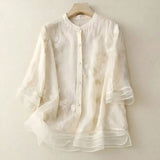 Damen Bluse mit Knopfleiste, Rundhalsausschnitt und floraler Struktur – Weiß
