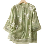 Damen Bluse mit Knopfleiste, Rundhalsausschnitt und floraler Struktur – Grün