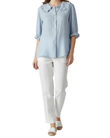 Damen Bluse mit Knopfleiste, Rundkragen und gerafften Ärmeln – Blau