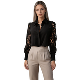 Damen-Bluse mit Knopfleiste und Ärmeln mit Durchbruchmuster – Schwarz