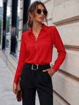 Damen Bluse mit Kragenausschnitt, langen Ärmeln und Knopfleiste – Rot