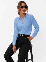Damen Bluse mit Kragenausschnitt, langen Ärmeln und Knopfleiste – Hellblau