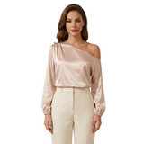 Damen-Bluse mit One-Shoulder-Ausschnitt und Ballonärmeln – Beige