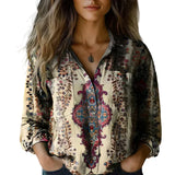 Damen Bluse mit Ornamentdruck und Knopfleiste – Beige
