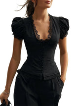 Damen Bluse mit Puffärmeln und Spitzenbesatz sowie Knopfleiste – Schwarz