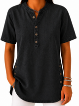 Damen Bluse mit Rundhalsausschnitt und Knopfleiste – Schwarz