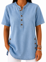 Damen Bluse mit Rundhalsausschnitt und Knopfleiste – Hellblau