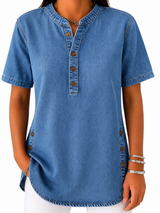 Damen Bluse mit Rundhalsausschnitt und Knopfleiste – Blau