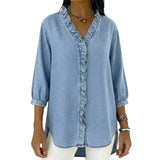 Damen-Bluse mit Rüschenbesatz und 3/4-Ärmeln – Hellblau