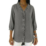 Damen-Bluse mit Rüschenbesatz und 3/4-Ärmeln – Grau
