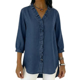 Damen-Bluse mit Rüschenbesatz und 3/4-Ärmeln – Marineblau