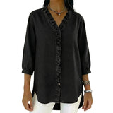 Damen-Bluse mit Rüschenbesatz und 3/4-Ärmeln – Schwarz