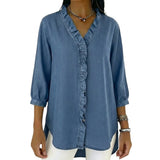 Damen-Bluse mit Rüschenbesatz und 3/4-Ärmeln – Blau