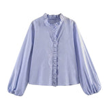 Damen-Bluse mit Rüschendetails und elastischen Ärmelbündchen – Hellblau