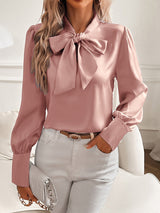 Damen Bluse mit Schleifenkragen und langen Ärmeln – Rosa