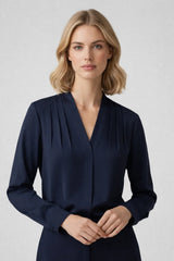 Damen-Bluse mit V-Ausschnitt, Falten-Details und Knopfmanschetten – Dunkelblau