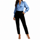 Damen-Bluse mit V-Ausschnitt, Wickeloptik und Puffärmeln – Blau