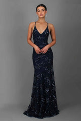 Damen Bodenlanges Kleid mit V-Ausschnitt Spaghettiträgern und Paillettenbesatz – Dunkelblau