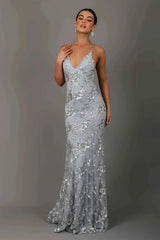 Damen Bodenlanges Kleid mit V-Ausschnitt Spaghettiträgern und Paillettenbesatz – Grau