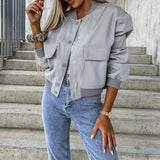 Damen-Bomberjacke mit Knopfverschluss und Brusttaschen – Grau