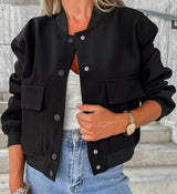 Damen-Bomberjacke mit Knopfverschluss und Brusttaschen – Schwarz