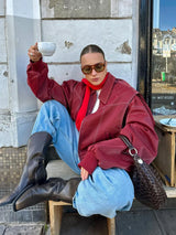 Damen Bomberjacke mit Puffärmeln und Reißverschluss und Ziernähten – Rot