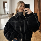 Damen Bomberjacke mit Puffärmeln und Reißverschluss und Ziernähten – Schwarz