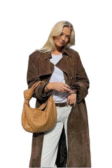 Damen brauner Trenchcoat mit Gürtel und Revers – Braun