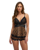 Damen-Cami-Shorts-Set mit Leopardenmuster und Spitze – Braun / Schwarz