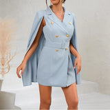 Damen Cape Blazer Kleid mit Doppelknopfleiste – Hellblau