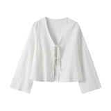 Damen Crop-Top mit langen Ärmeln und Bindevorderseite – Weiß
