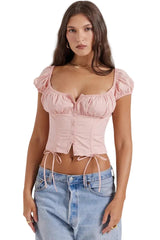 Damen-Crop-Top mit Puffärmeln, Knopfleiste und Bindebändern – Rosa