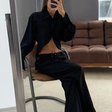 Damen Cropped Hemd-Set mit Umlegekragen Knopfverschluss und Schnürbund-Hose – Schwarz