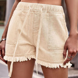 Damen Denim-Shorts mit elastischem Bund, Kordelzug und ausgefranstem Saum – Hellkhaki