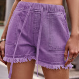 Damen Denim-Shorts mit elastischem Bund, Kordelzug und ausgefranstem Saum – Lila