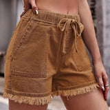 Damen Denim-Shorts mit elastischem Bund, Kordelzug und ausgefranstem Saum – Khaki