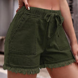 Damen Denim-Shorts mit elastischem Bund, Kordelzug und ausgefranstem Saum – Armeegrün