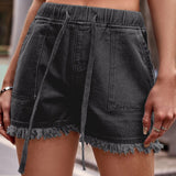 Damen Denim-Shorts mit elastischem Bund, Kordelzug und ausgefranstem Saum – Dunkelgrau